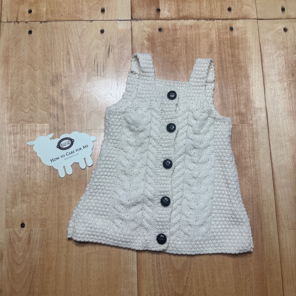 Aran Woollen Mills Kids Merino Wool Cable Knit Pinafore Dress Cream B175 LRG